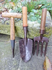 Vintage Garden Hand Trowel, hand fork and dibber set. Wooden handles.