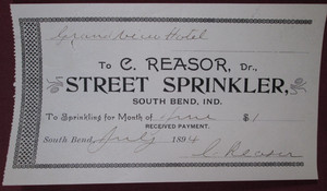 Vintage 1894 Billhead Invoice from C. Reasor Street Sprinkler, South Bend, In.