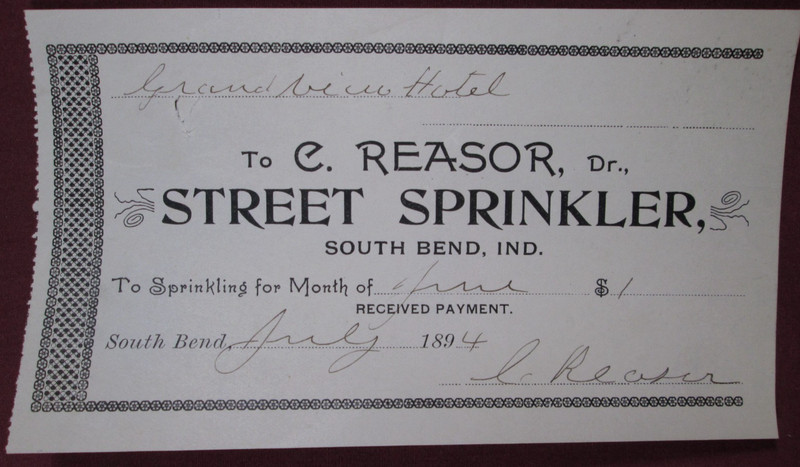 Vintage 1894 Billhead Invoice from C. Reasor Street Sprinkler, South Bend, In.