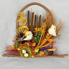 Vtg Dried Flower Birds Wall Hanging Wreath CatTails Twigs Boho Cottage 10x12