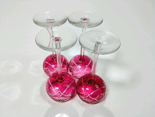 Vintage Red Cranberry Crystal Wine Glasses Cut To Clear w/ Gold Rim 7" Set of 4 - Picture 8 of 11