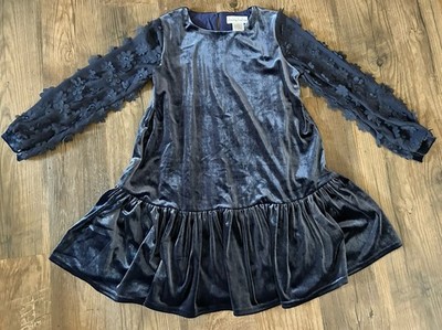 Chasing Fireflies Blue Velvet Swing Dress Girls Sz 12 Sheer Sleeves Flowers
