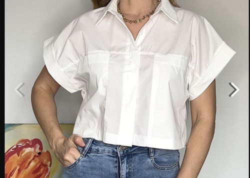 Worthington White Shirt Women’s Cropped Front Pockets Short Sleeve Button Up Sz