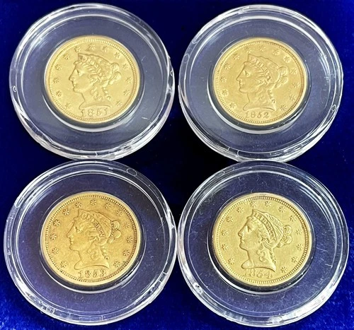 1851 1852 1853 1854 GOLD NM $2.5 DOLLAR LIBERTY HEAD QUARTER EAGLE COINS SET