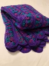    Handmade 43  X 63  Granny Ribbon Crochet Teal Purple Afghan Throw Blanket EUC