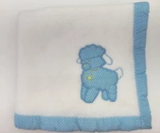 Vintage Cuddle Time Baby Blanket Blue Trim Baby Sheep Lamb USA Made