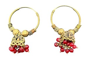 Red Beads Handcrafted Hoop Earrings Traditional Jhumka Gold Tone Ethnic