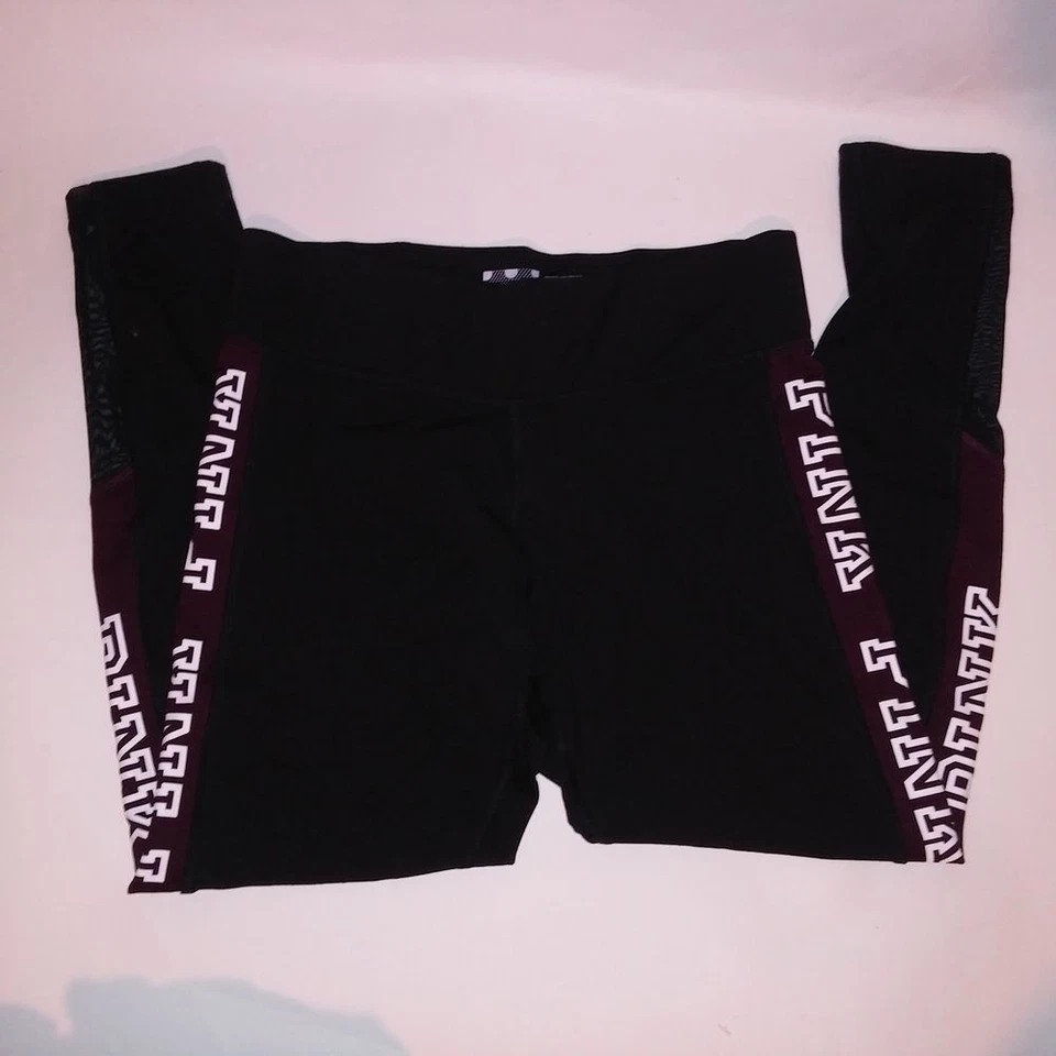 Victoria Secret PINK Leggings Ultimate Large Black Burgundy Logo Trim Inseam 27" - Image 2 of 4