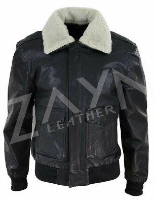 Echtleder Flieger Pilot Bomber Flieger Biker Jacke für Männer Weiß Kragen Fell
