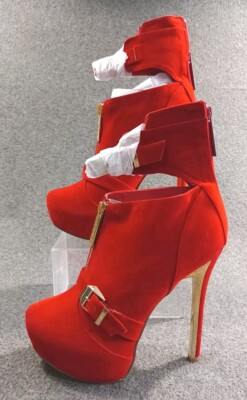 ALBA Red Punk Women's Front Zip Buckle Strap Round Toe Stiletto Shoes 7.5M