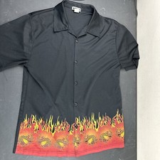 VTG YMLA Button-up Short Sleeve Black Shirt Red Flames Mens L Made In USA