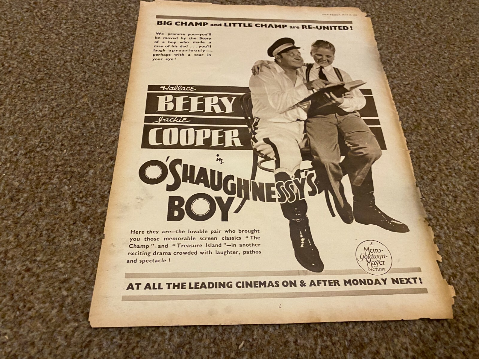 FRAMED FILM ADVERT 12X9 WALLACE BERRY. JACKIE COOPER IN O'SHAUGHNESSY'S