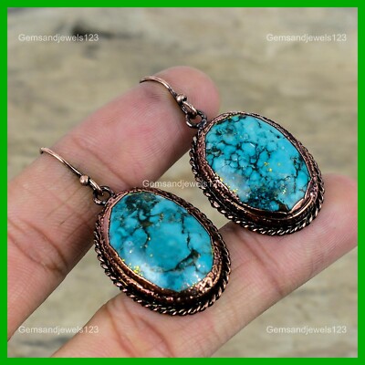 Copper Natural Tibetan Turquoise Dangle Drop Electroformed Hook Earrings Jewelry