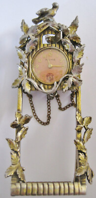 RARE VINTAGE CUCKOO CLOCK WATCH PIN BROOCH +PEDESTAL, BIRDS PRETTY FOLIATE STAND