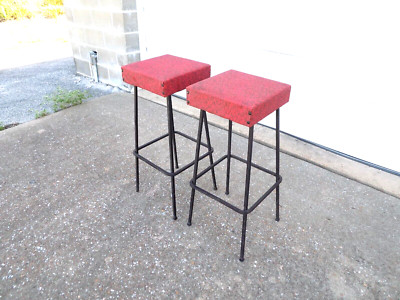 Set of 2 Vintage MCM Eames Era Space-Age 1950s Iron Base Footrest High Bar Stool