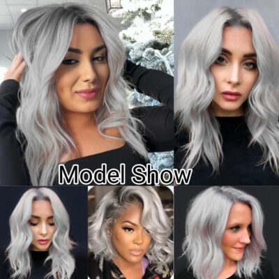 Ombre Silver Grey Wig with Dark Roots Body Wave Lace Front  display picture 3