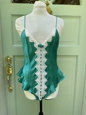 Vintage Victoria  s Secret Gold Label Satin Teddy Bodysuit Emerald White Lace M