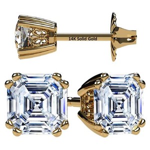 Authentic 14K/925 Sterling Silver 0.75-4.0 tcw Asscher Cut Cubic Zirconia Stud Earrings