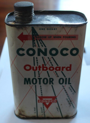 CONOCO OUTBOARD MOTOR OIL ONE QUART METAL CAN 1 CONTINENTAL OIL CO. 3/4 FULL