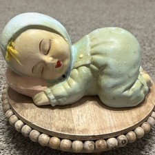 Vintage Sleeping Baby Ceramic Piggy Bank Blue with Yarn Hair
