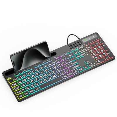 MARVO Large Print Backlit Keyboard, WK712 Wired Computer Keyboard with 7 Colo...