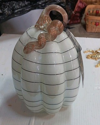 Christian Siriano Murano White Black Stripe Pumpkin Blown Art Glass
