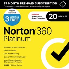 Norton 360 Platinum Antivirus software for 20 Devices with Auto Renewal 3 Months