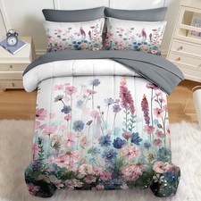 Comforter Set Full Size, Watercolor Pink Wildflowers 7 Pcs Bedding for Kids a...
