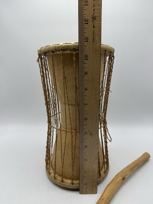 VINTAGE AFRICAN TALKING DRUM & BEAT STICK TRIBAL ARTISAN HANDMADE AFRICA /ro