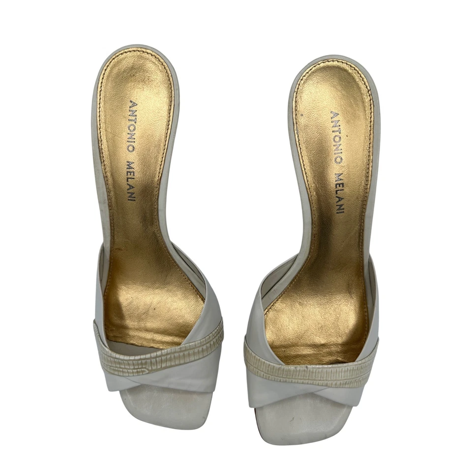 Antonio Melani Cuero Blanco Puntera Cuadrada Gatito Tacón Mules Slides Talla 8.5M Foto 4 de 4