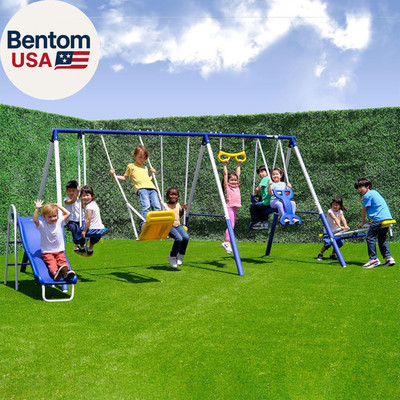Super 9 Metal Swing Set for Outdoor Backyard Play: Teeter Totter, Glide Ride, Ro
