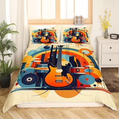 Guitar Bedding Set Twin Size Drum Kit Comforter Cover Set for Kids Boys Girls...
