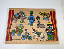 Vintage Wooden Circus Tray Puzzle Clown Elephant Tiger Horse Retro Toy Complete