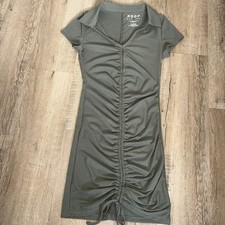 Poof! Olive Ruched Midi Express Dress L Short Sleeve Minimalist, Chic,summer