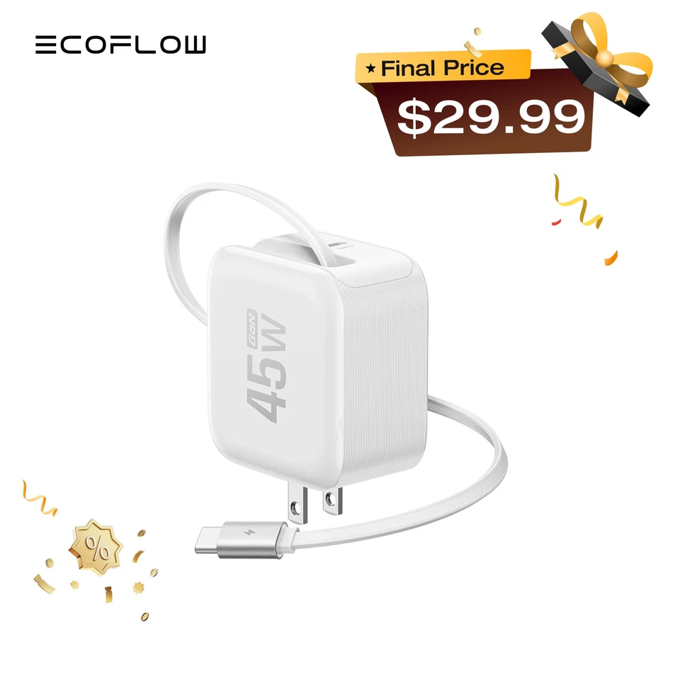EcoFlow 3-in-1 45W USB C Charger with Retractable Cable 2-Port Fast Charger