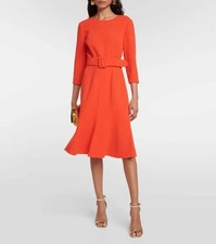 Oscar de la Renta Wool Midi Dress Red Belted Jewelneck Fit & Flare 14 XL NWT