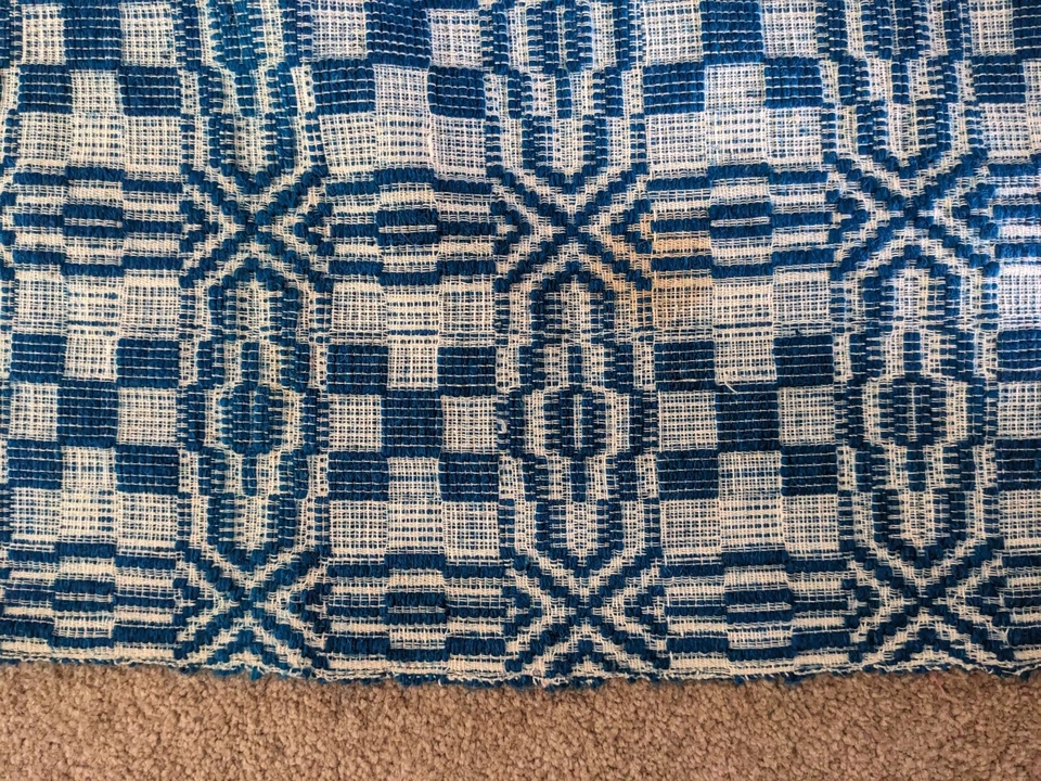Antique American Turquoise Overshot Jacquard Coverlet Linen/Wool/177 Cm X 220 Cm - Image 2 of 4