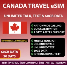 Canada Travel eSIM, 30-Day Plan with 60GB Data and Unlimited Talk. QR Activation