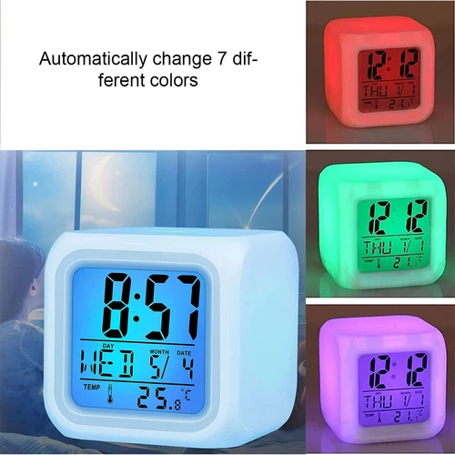 7 Colors LED Alarm Clock Colour Changing Digital Battery Kids Bedroom Calendar - Picture 1 of 11