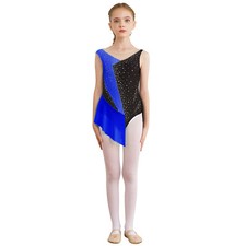 Kids Latin Dance Figure Skating Shiny Rhinestone Patchwork Tassel Bodysuit