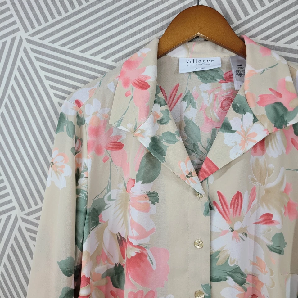 Villager Top Plus 尺寸 18W 衬衫衬衫轻便纽扣花卉粉色棕褐色 — 第 2/4 张图片