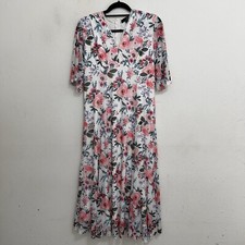 Suzanne Betro White Pink Floral Maxi Dress Empire Waist Lined Short Sleeves Sz M