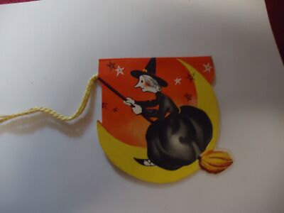 UNUSED VINTAGE BRIDGE TALLY CARD HALLOWEEN WITCH ON BROOM MOON A MERI ...