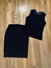 Vintage Solo Italy 2 Piece Black Velvet Sleeve Less Top  Midi Skirt : Size S/M