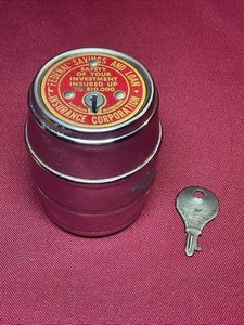 VINTAGE BARREL KEG COIN BANK W/ Key First Federal Savings And Loan Association