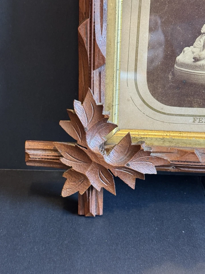 Marco cruzado de madera antiguo hojas borde dorado Selva Negra Adirondack victoriano Foto 4 de 4