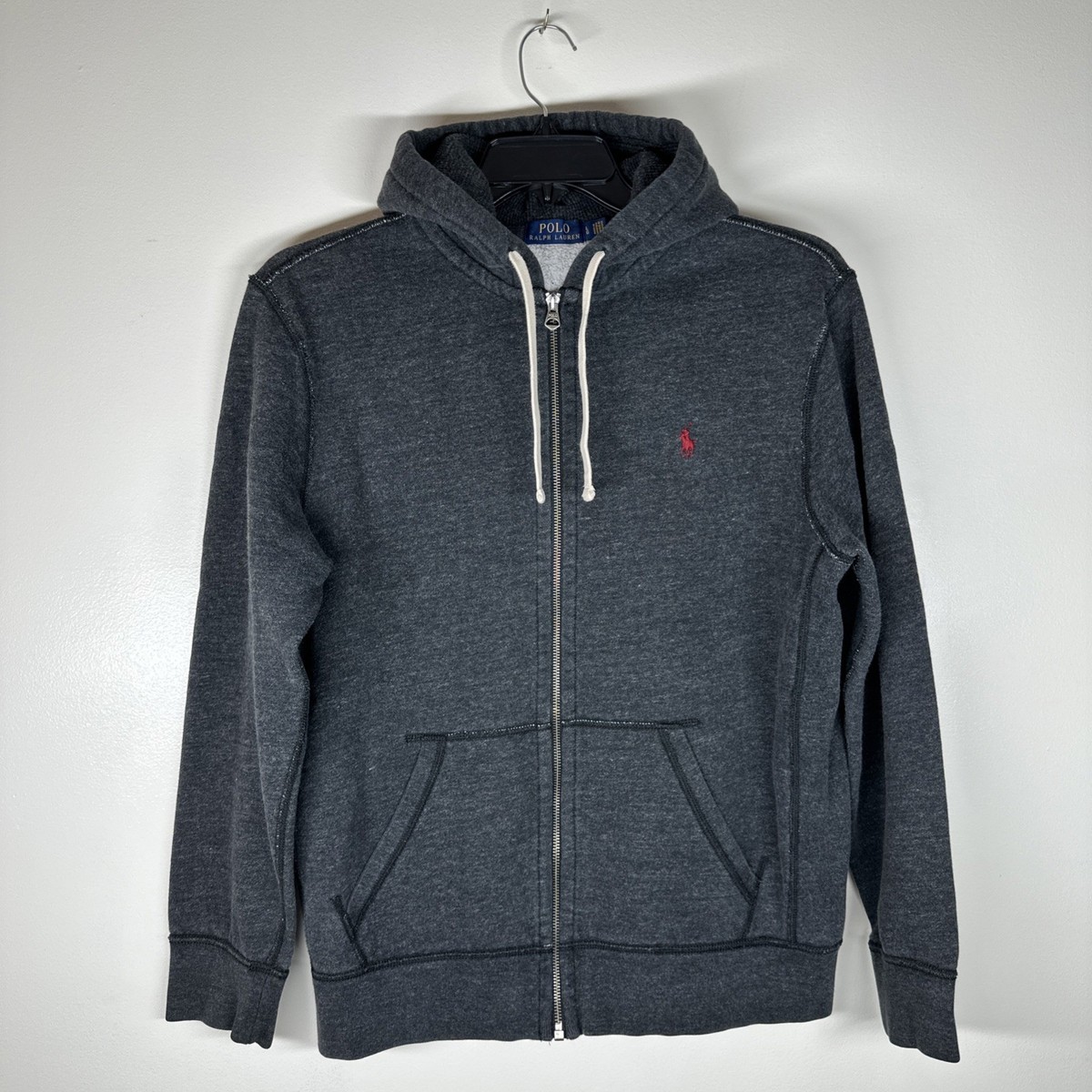Polo Ralph Lauren Gray Full Zip Hoodie Mens Size L Red Pony Logo 