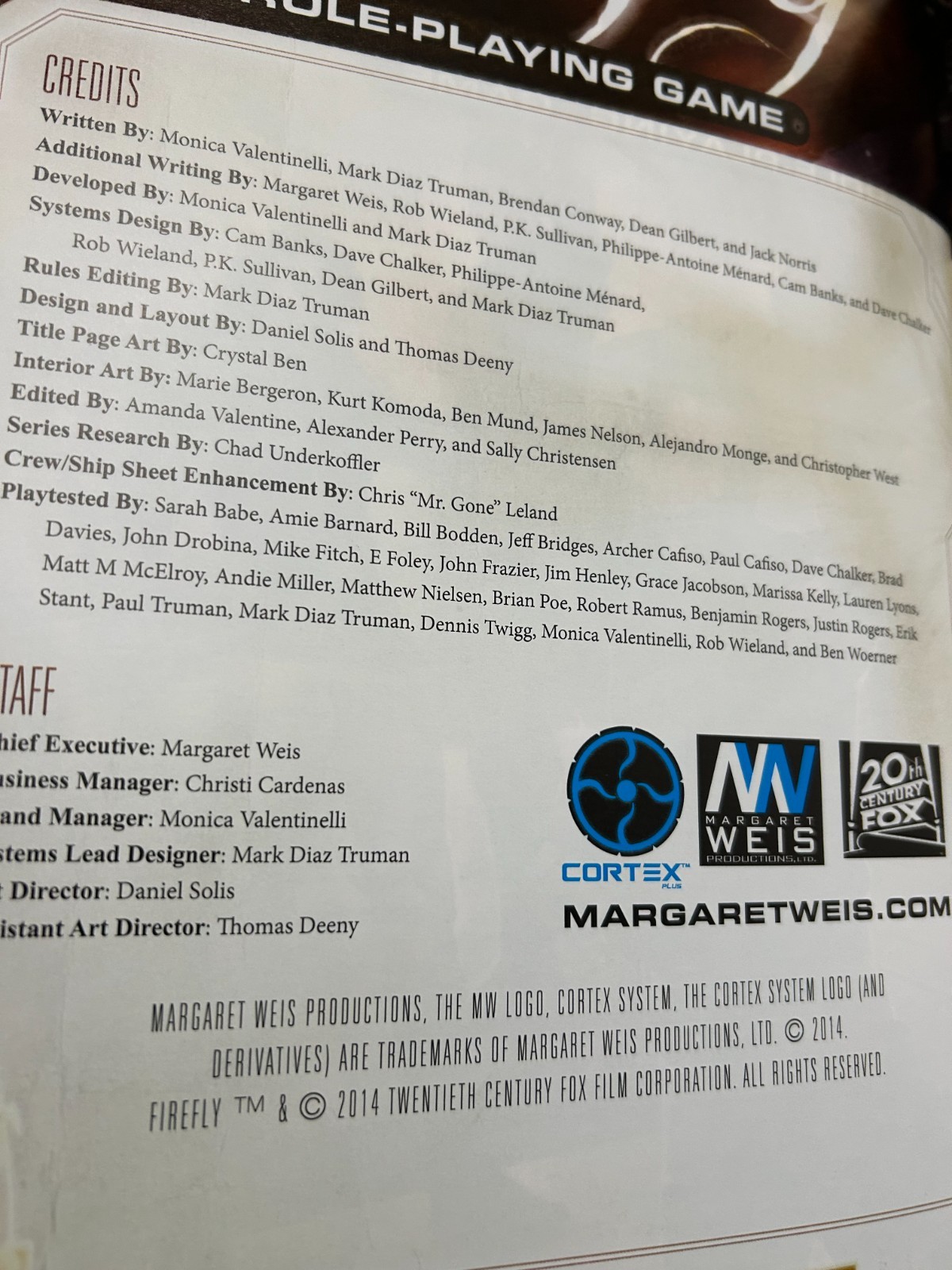 Firefly Role-Playing Game Core Book Cortex Weis Publishing Excellent