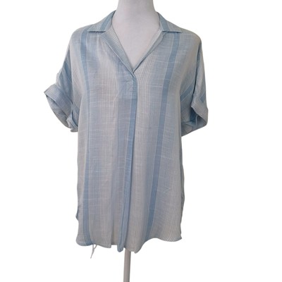 Thread & Supply Women Linen Blend Blue & White Short Sleeve Blouse Size S - NWT