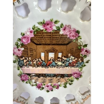 Vintage Bavaria Tirschenreuth Last Supper Wall Plate Pink Roses Gold T1832
